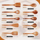 Conjunto de utensílios de cozinha de madeira teca natural de 9 peças com descanso de colher - Suporte de colheres e utensílios de cozinha com aderência confortável