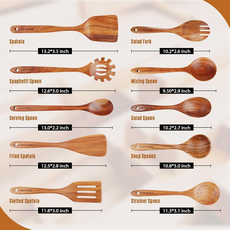 Conjunto de utensílios de cozinha de madeira teca natural de 9 peças com descanso de colher - Suporte de colheres e utensílios de cozinha com aderência confortável