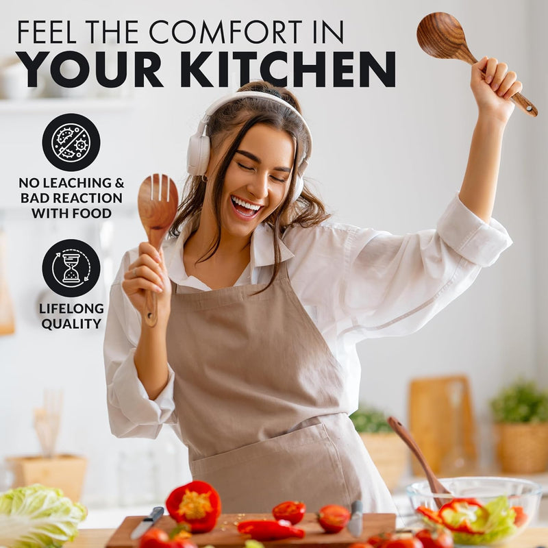 Zulay Kitchen Conjunto de colheres de madeira de 6 peças – Utensílios de teca macios resistentes ao calor com aderência confortável – leve e durável – fácil de limpar, perfeito para panelas