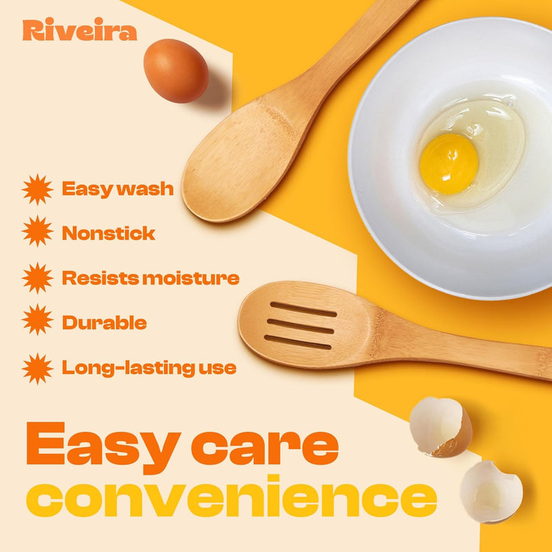 Riveira Colheres de cozinha de bambu com 6 peças – Conjunto de utensílios de cozinha de madeira com colheres de madeira para cozinhar e espátulas, conjuntos de utensílios de madeira – Conjunto de