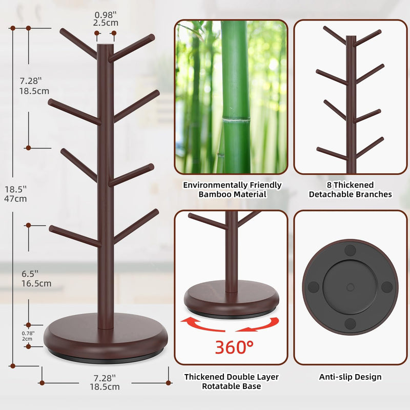 BAMBANG Suporte de caneca de árvore, rotação de 360°, 8 ganchos, suporte de copo de café para bancada, suporte de bambu para cozinha, bancada, casa, natural