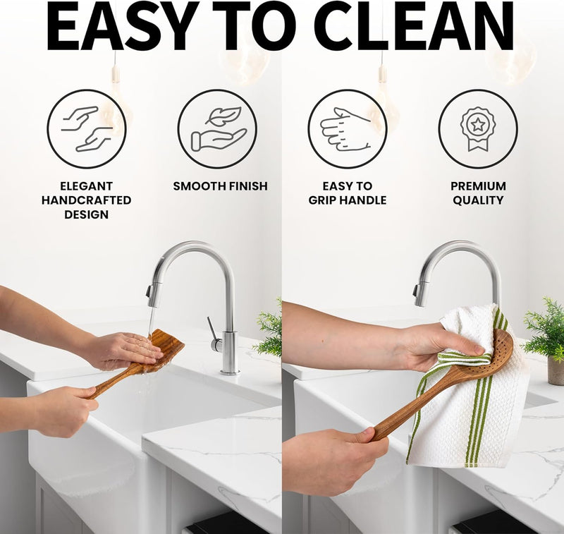 Zulay Kitchen Conjunto de colheres de madeira de 6 peças – Utensílios de teca macios resistentes ao calor com aderência confortável – leve e durável – fácil de limpar, perfeito para panelas