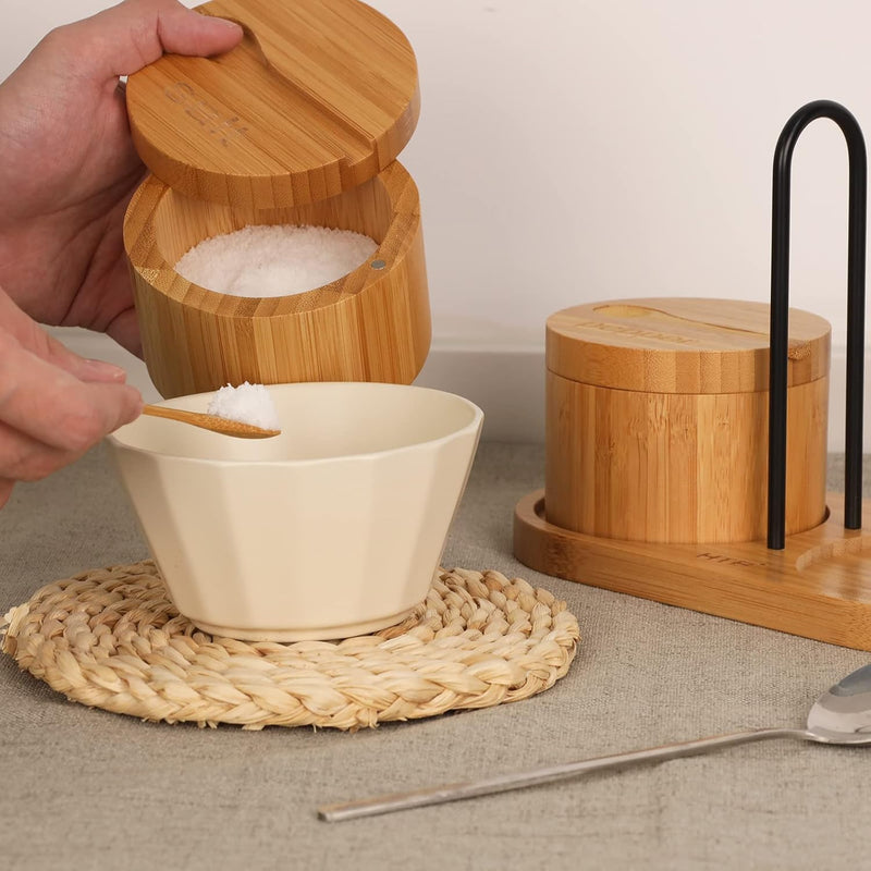 Adega de sal de bambu com mini colher