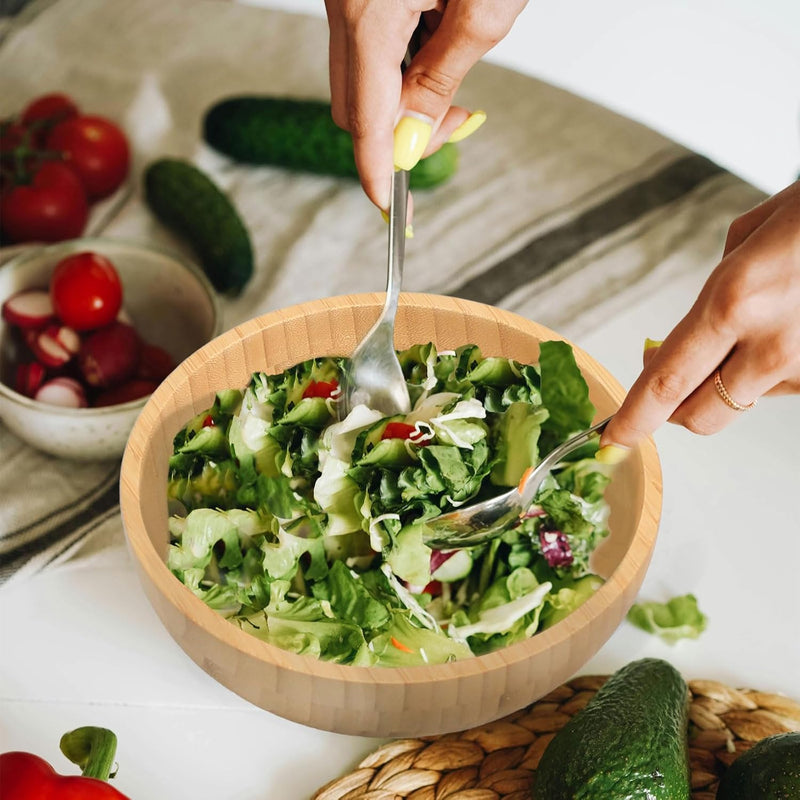 Tigelas de salada de bambu, tigelas grandes redondas de madeira de bambu de 20 cm para saladas/frutas/massas/legumes, tigela de servir à mão para entretenimento e festa, decoração de casa