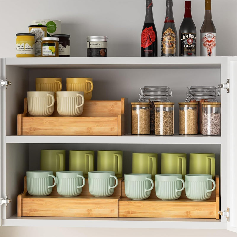 Suporte de caneca de café expansível de 2 camadas, organizador de canecas para armários de cozinha, suporte de caneca de bambu, prateleira multifuncional para copos, organizador de cafés