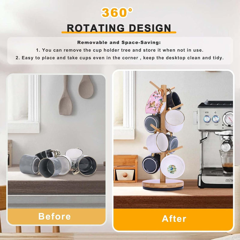 Suporte de caneca de árvore, girado 360° atualizado com 8 ganchos para balcão, suporte de bambu para acessórios de cafeteria
