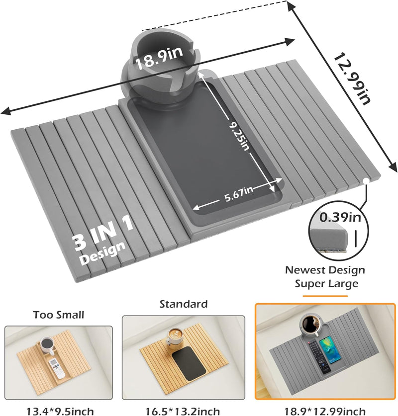BAMBOOTRAY Bandeja de suporte de copo de sofá, mesa de braço de sofá 3 em 1, grande 48 x 33 cm, mesa lateral de bambu com clipe de sofá com suporte de copo de 360° para sofá, organizador