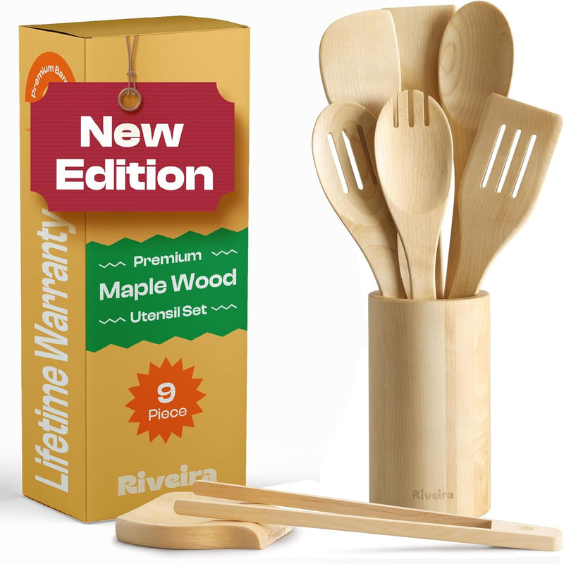 Riveira Colheres de cozinha de bambu com 6 peças – Conjunto de utensílios de cozinha de madeira com colheres de madeira para cozinhar e espátulas, conjuntos de utensílios de madeira – Conjunto de