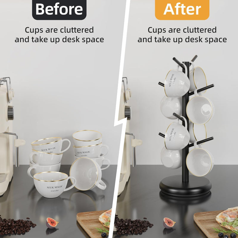 BAMBANG Suporte de caneca de árvore, rotação de 360°, 8 ganchos, suporte de copo de café para bancada, suporte de bambu para cozinha, bancada, casa, natural