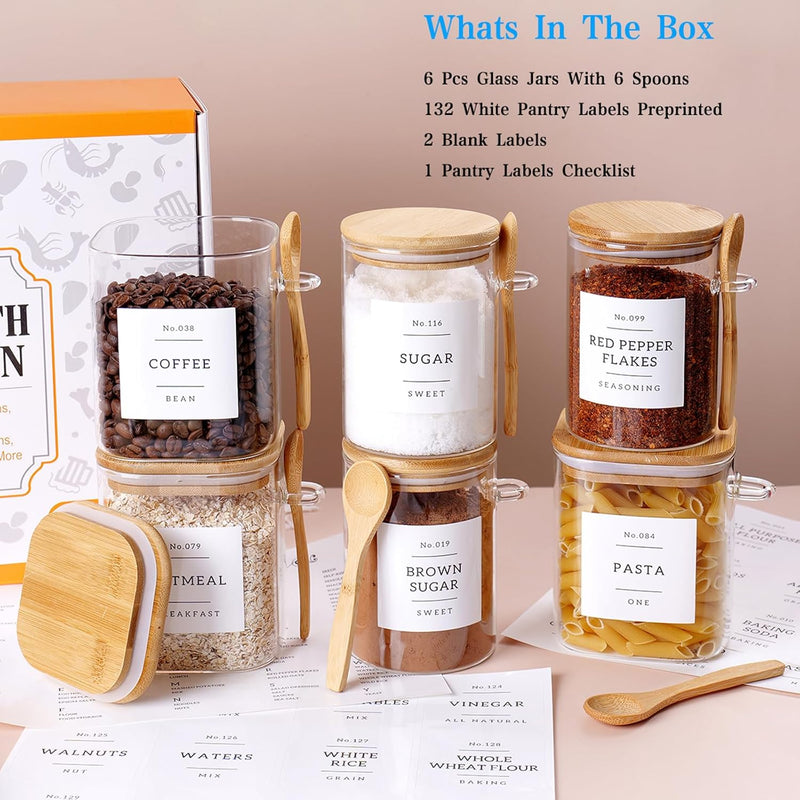 Pacote com 5 frascos de vidro com tampas herméticas de bambu - Recipientes empilháveis de armazenamento de alimentos com 132 etiquetas de despensa - com tampa de madeira para doces,