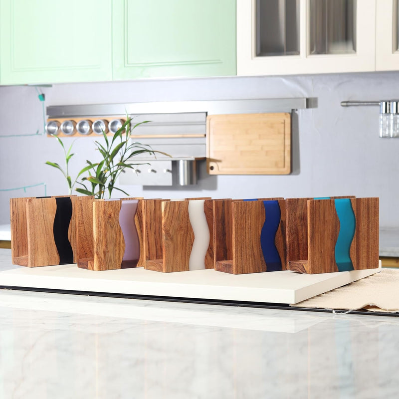 Porta-guardanapos de madeira de acácia e resina epóxi transparente para mesa