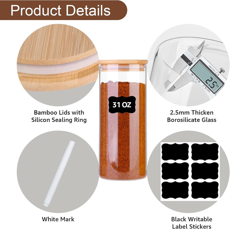 Frascos de vidro para alimentos com tampas, recipientes de armazenamento de vidro de 900 ml com tampas herméticas de bambu, conjunto de 4 recipientes de vidro redondos, organizadores de despensa e