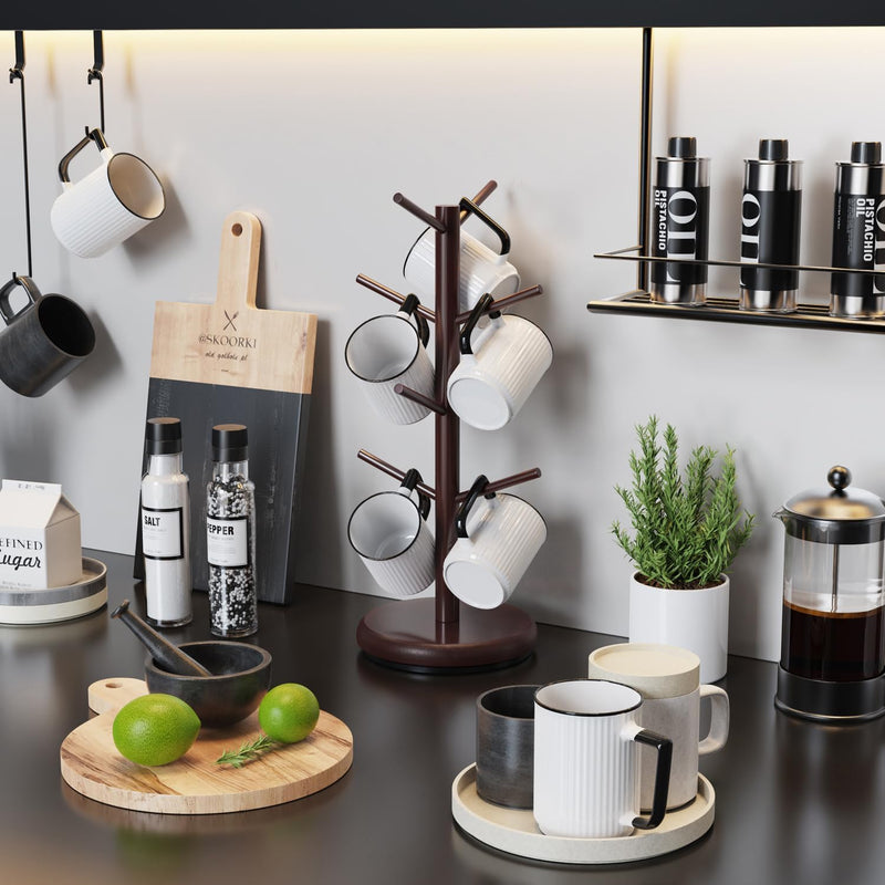 BAMBANG Suporte de caneca de árvore, rotação de 360°, 8 ganchos, suporte de copo de café para bancada, suporte de bambu para cozinha, bancada, casa, natural