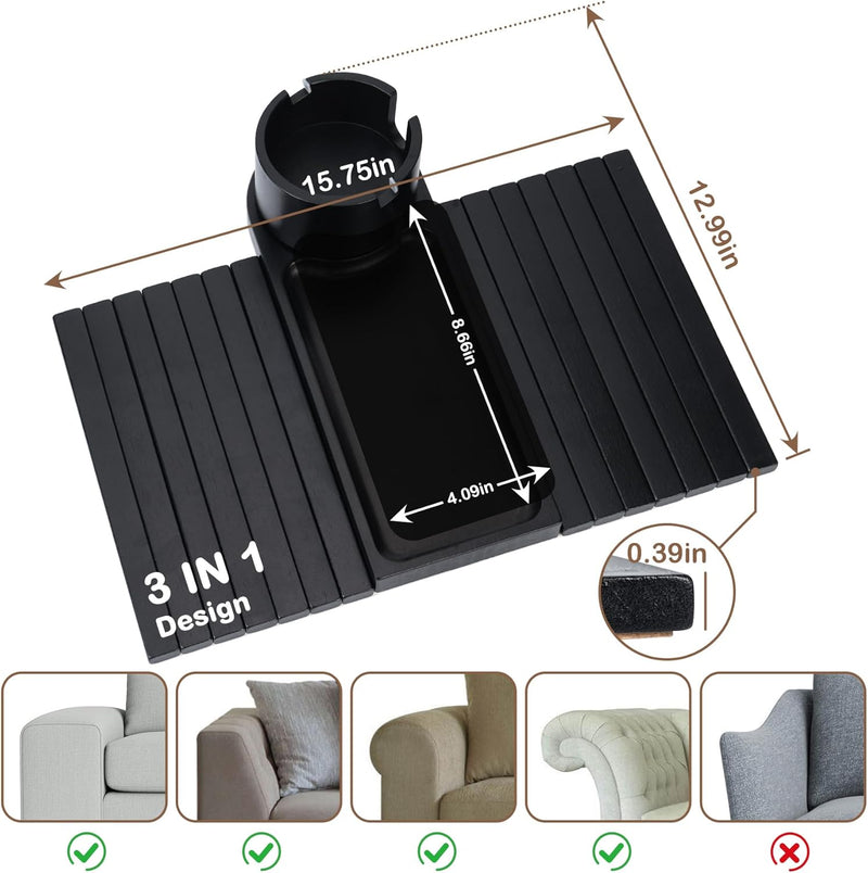 Bandeja de suporte de copo de sofá, bandeja de braço de sofá de bambu com suporte giratório de 360°, bandeja de descanso de braço de sofá dobrável 3 em 1 para controle remoto/lanches/xícaras/bebidas