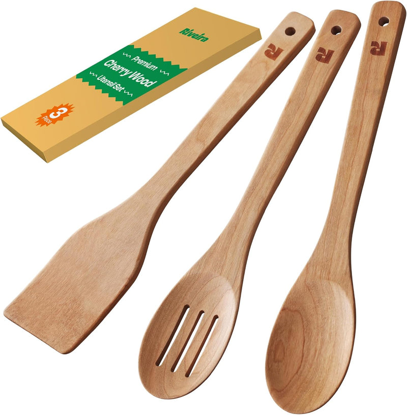 Riveira Colheres de cozinha de bambu com 6 peças – Conjunto de utensílios de cozinha de madeira com colheres de madeira para cozinhar e espátulas, conjuntos de utensílios de madeira – Conjunto de