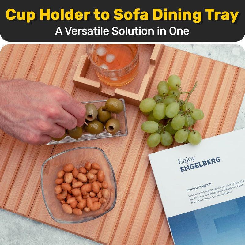 Bandeja de sofá de bambu e apoio de braço com suporte de copo – Suporte versátil para bebidas e lanches para sofá, poltrona reclinável ou namoradeira