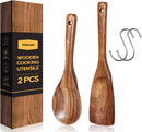 Conjunto de utensílios de cozinha de madeira teca natural de 9 peças com descanso de colher - Suporte de colheres e utensílios de cozinha com aderência confortável