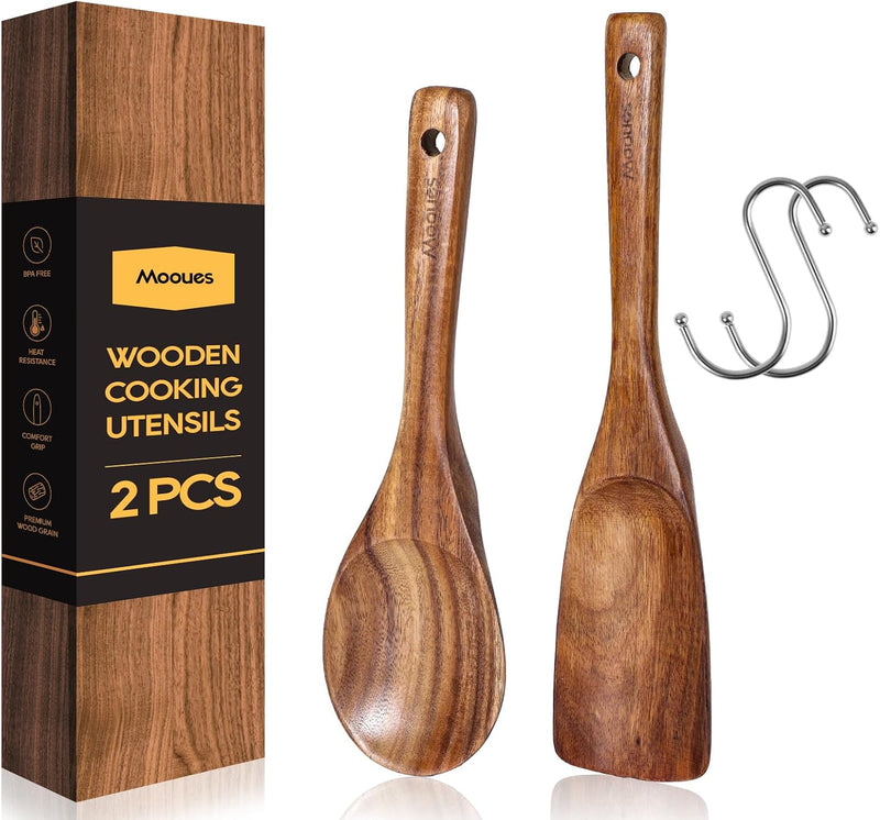 Conjunto de utensílios de cozinha de madeira teca natural de 9 peças com descanso de colher - Suporte de colheres e utensílios de cozinha com aderência confortável