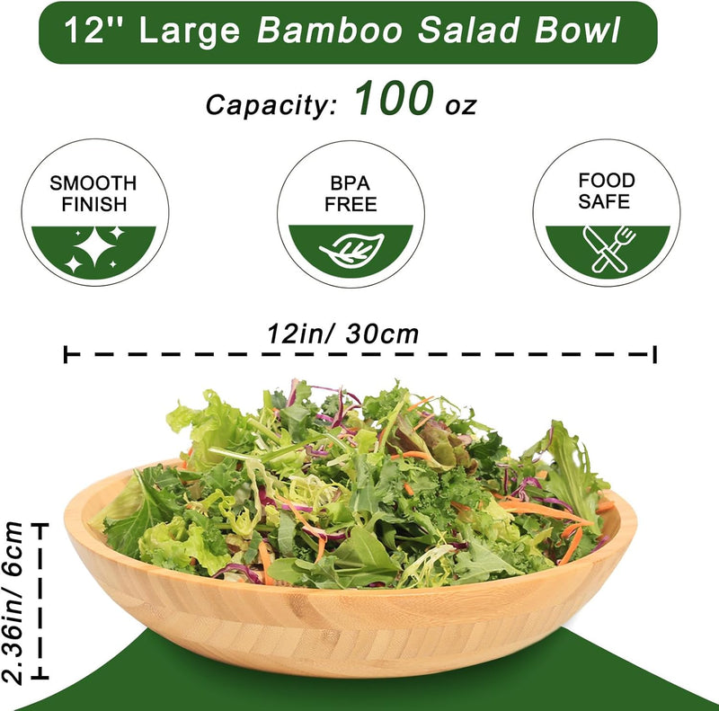 Tigelas de salada de bambu, tigelas grandes redondas de madeira de bambu de 20 cm para saladas/frutas/massas/legumes, tigela de servir à mão para entretenimento e festa, decoração de casa