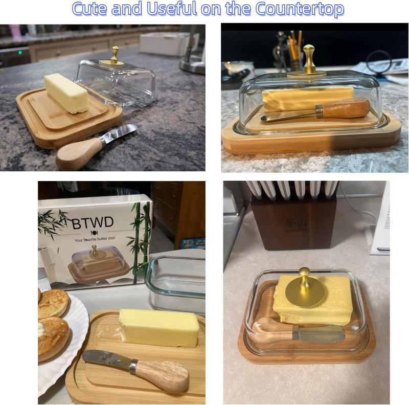 Manteiga grande de vidro com tampa e faca para bancada e geladeira