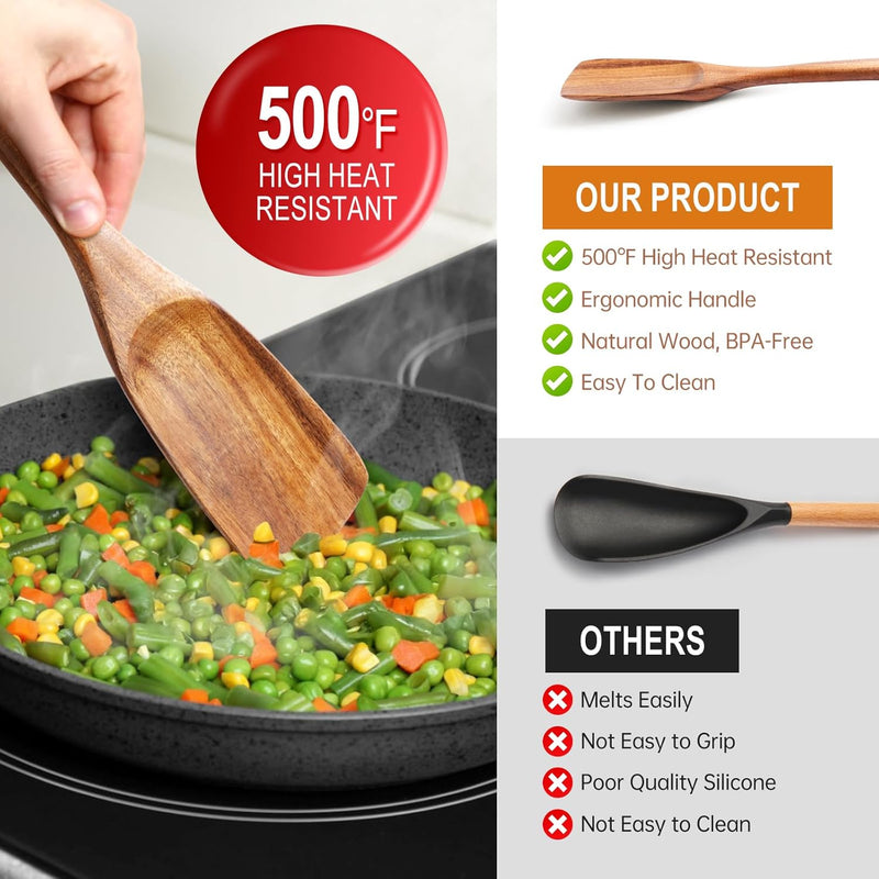 Conjunto de utensílios de cozinha de madeira teca natural de 9 peças com descanso de colher - Suporte de colheres e utensílios de cozinha com aderência confortável