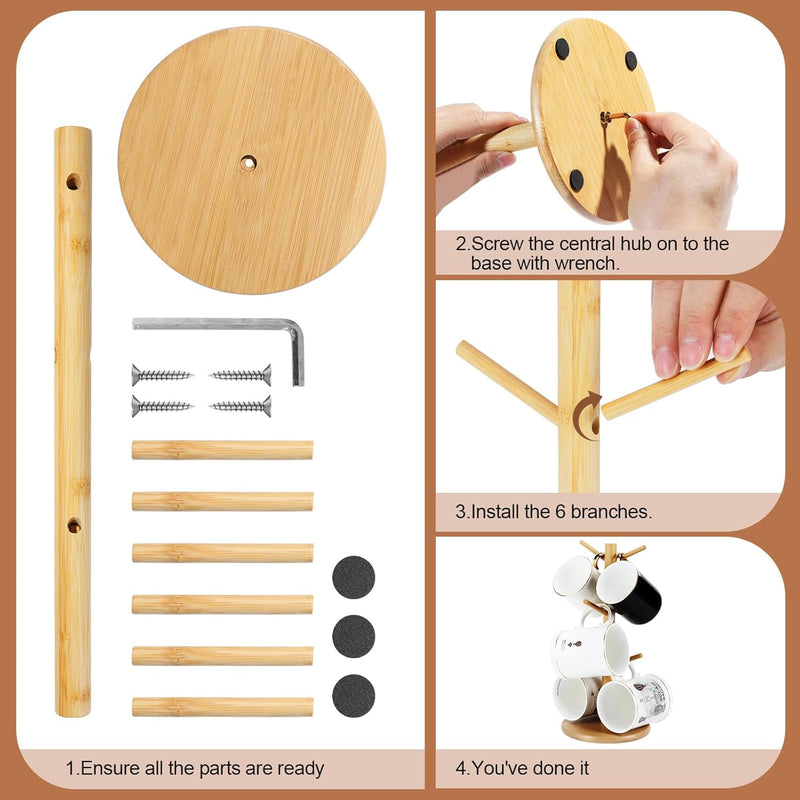 Suporte de caneca de bambu, 6 ganchos para canecas de café, suporte decorativo para balcão, caneca de café antiderrapante, árvore