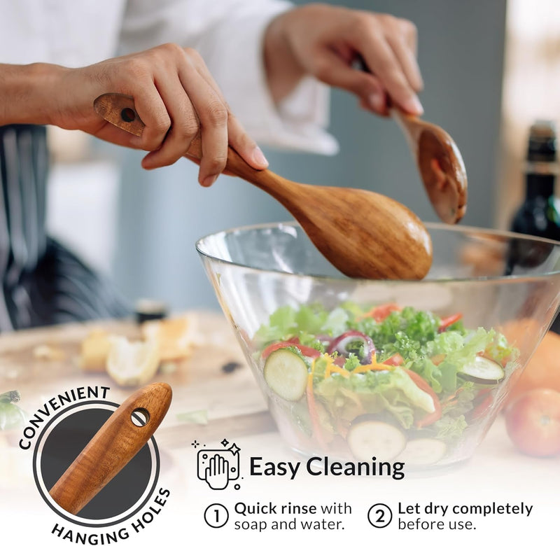 Zulay Kitchen Conjunto de colheres de madeira de 6 peças – Utensílios de teca macios resistentes ao calor com aderência confortável – leve e durável – fácil de limpar, perfeito para panelas