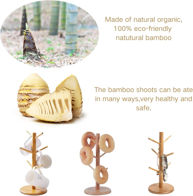 Suporte de caneca, suporte de xícara de café, árvore de caneca de bambu para balcão, secadora de canecas de café com 6 ganchos