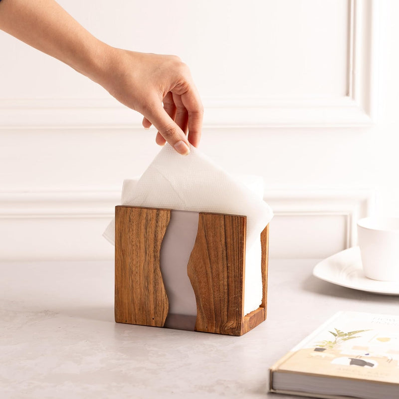 Porta-guardanapos de madeira de acácia e resina epóxi transparente para mesa