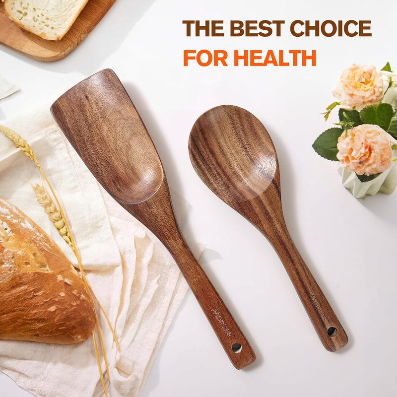 Conjunto de utensílios de cozinha de madeira teca natural de 9 peças com descanso de colher - Suporte de colheres e utensílios de cozinha com aderência confortável