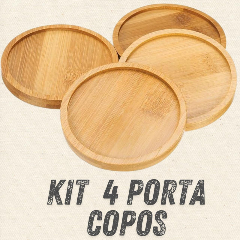 Kit 4 Porta Copos Redondos de Bambu | Pires de Madeira 10 cm | Ecológico, Lavável e Durável