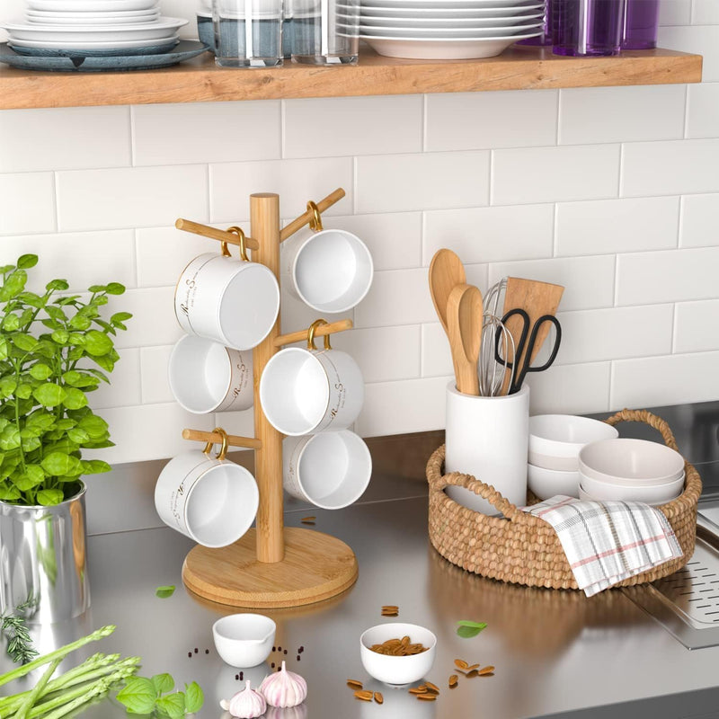 Wisuce Suporte de caneca de café de bambu, base mais grossa, suporte para copo de café, suporte para balcão, suporte para canecas com 6 ganchos (natural)