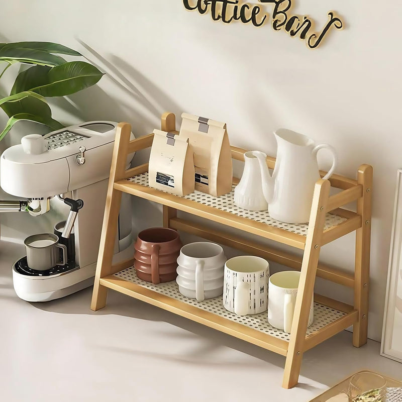 Organizador de estação de café com aparência de vime, suporte de caneca de bambu, prateleira de balcão de cozinha para acessórios de chá e café, suporte de matcha, expositor de xícara, rack