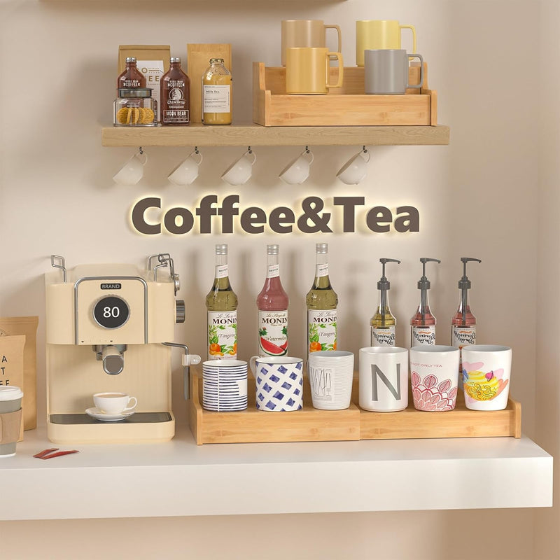 Suporte de caneca de café expansível de 2 camadas, organizador de canecas para armários de cozinha, suporte de caneca de bambu, prateleira multifuncional para copos, organizador de cafés