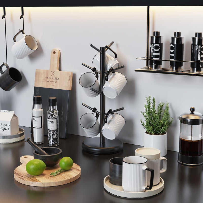 BAMBANG Suporte de caneca de árvore, rotação de 360°, 8 ganchos, suporte de copo de café para bancada, suporte de bambu para cozinha, bancada, casa, natural