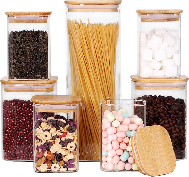 Conjunto de recipientes empilháveis de cozinha, pacote com 5 potes de armazenamento de alimentos de vidro transparente com tampa hermética de bambu para doces, biscoitos, arroz,