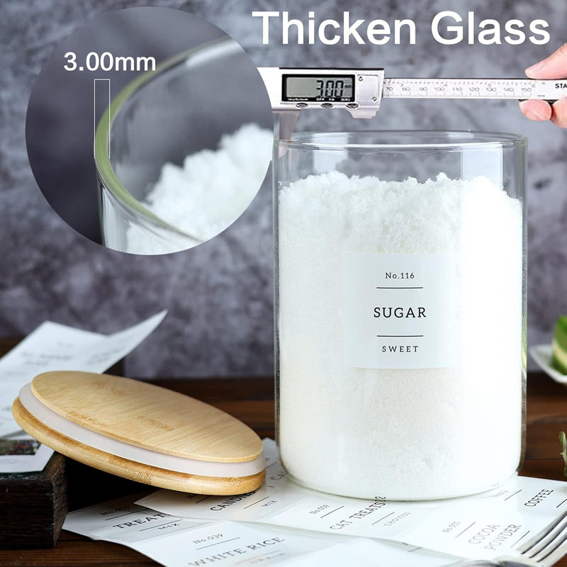 Pacote com 5 frascos de vidro com tampas herméticas de bambu - Recipientes empilháveis de armazenamento de alimentos com 132 etiquetas de despensa - com tampa de madeira para doces,