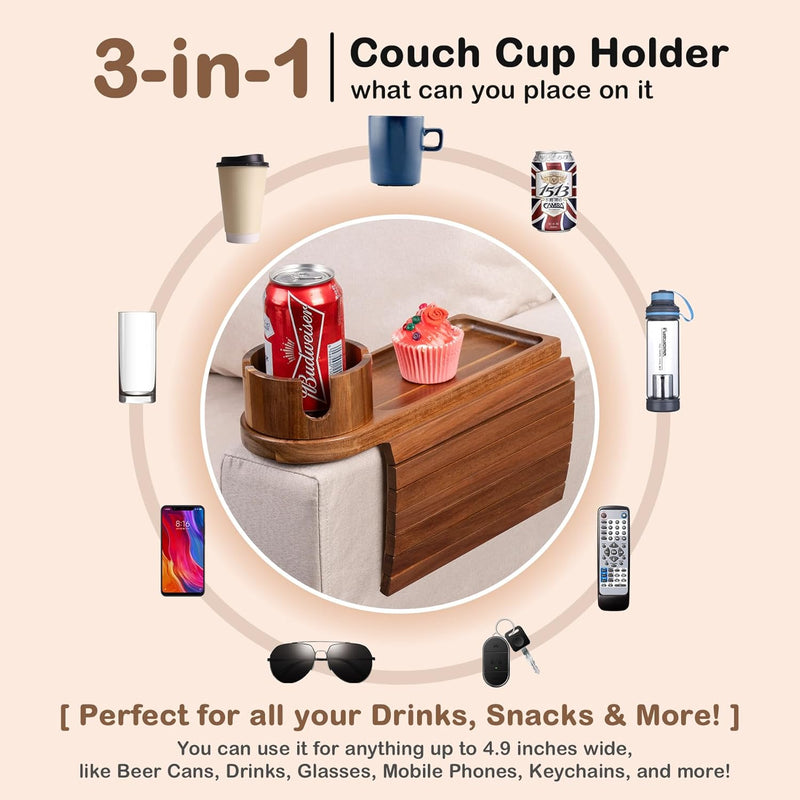Bandeja de suporte de copo de sofá, bandeja de braço de sofá de bambu com suporte giratório de 360°, bandeja de descanso de braço de sofá dobrável 3 em 1 para controle remoto/lanches/xícaras/bebidas
