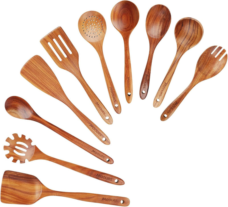 Conjunto de utensílios de cozinha de madeira teca natural de 9 peças com descanso de colher - Suporte de colheres e utensílios de cozinha com aderência confortável