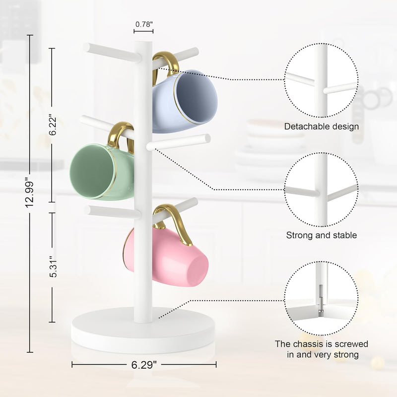 Wisuce Suporte de caneca de café de bambu, base mais grossa, suporte para copo de café, suporte para balcão, suporte para canecas com 6 ganchos (natural)