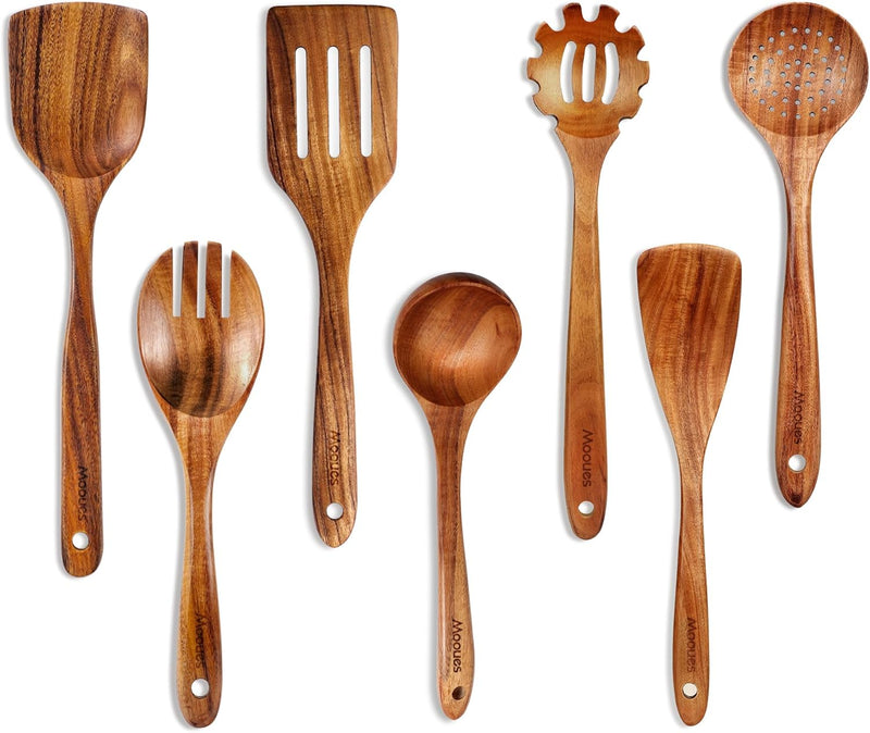 Conjunto de utensílios de cozinha de madeira teca natural de 9 peças com descanso de colher - Suporte de colheres e utensílios de cozinha com aderência confortável
