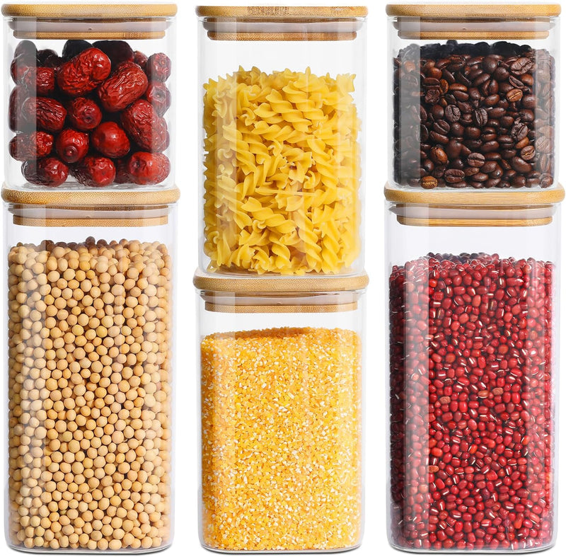 Frascos de vidro para armazenamento de alimentos com tampas (680 g/1,048 g/1,417 g), conjunto quadrado de 6, recipientes de armazenamento de vidro transparente para alimentos com tampa de bambu