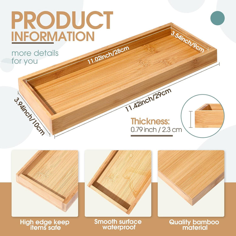 Bamboo Tea Serving Tray 3 Pcs Decorative Multi Use Bathroom Counter Tray with Edges Bamboo Vanity for Dresser Food Coffee Tea Snack Tissues Candles, 11 x 4 Inch(Rectangle Style)