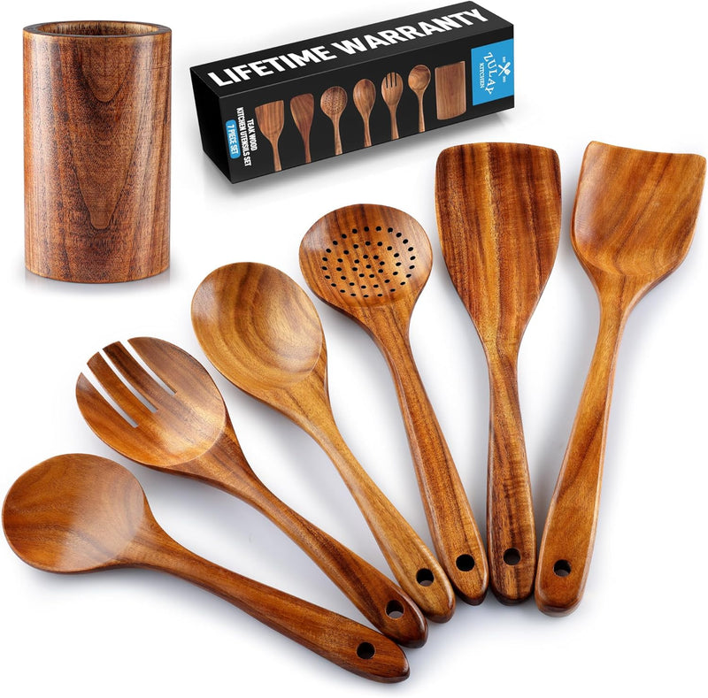 Zulay Kitchen Conjunto de colheres de madeira de 6 peças – Utensílios de teca macios resistentes ao calor com aderência confortável – leve e durável – fácil de limpar, perfeito para panelas