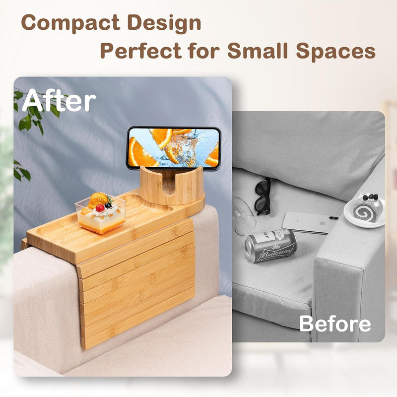 Bandeja de suporte de copo de sofá, bandeja de braço de sofá de bambu com suporte giratório de 360°, bandeja de descanso de braço de sofá dobrável 3 em 1 para controle remoto/lanches/xícaras/bebidas