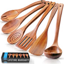 Zulay Kitchen Conjunto de colheres de madeira de 6 peças – Utensílios de teca macios resistentes ao calor com aderência confortável – leve e durável – fácil de limpar, perfeito para panelas