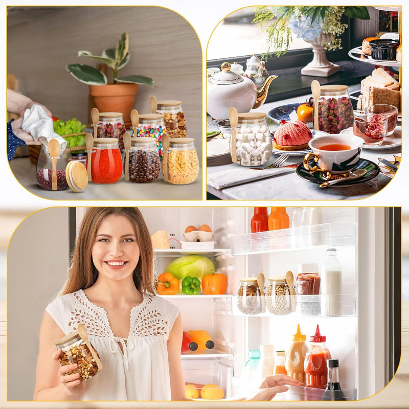 Pickmesh Set of 6 Airtight Glass Jars with Bamboo Lids and Spoons 20 oz Glass Storage Containers Jars Set for Kitchen Food Storage Sugar Chia Seeds Overnight Oats Spice Beans Coffee Dry Goods