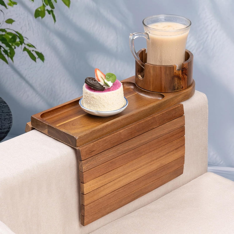 Bandeja de suporte de copo de sofá, bandeja de braço de sofá de bambu com suporte giratório de 360°, bandeja de descanso de braço de sofá dobrável 3 em 1 para controle remoto/lanches/xícaras/bebidas
