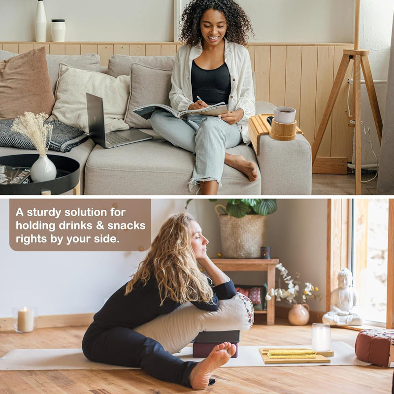 Bandeja de suporte de copo de sofá, bandeja de braço de sofá de bambu com suporte giratório de 360°, bandeja de descanso de braço de sofá dobrável 3 em 1 para controle remoto/lanches/xícaras/bebidas