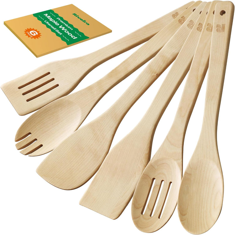 Riveira Colheres de cozinha de bambu com 6 peças – Conjunto de utensílios de cozinha de madeira com colheres de madeira para cozinhar e espátulas, conjuntos de utensílios de madeira – Conjunto de